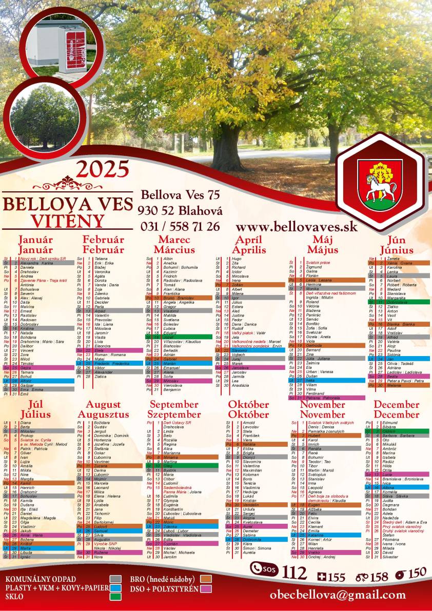 Obec aktuálne - Nástenný kalendár na rok 2025 - Obec Bellova Ves