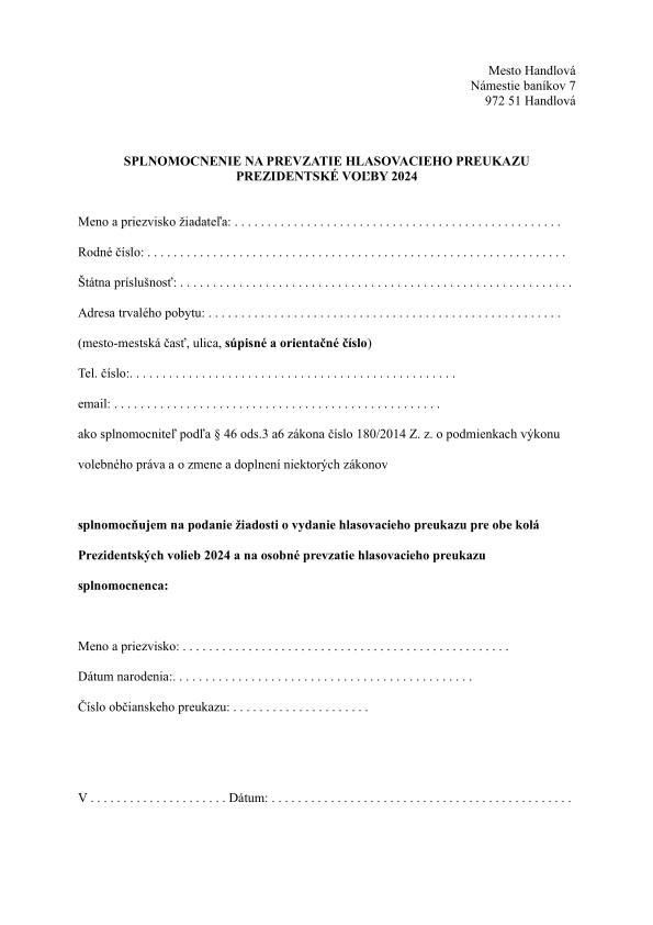 HLASOVACIE PREUKAZY - Mesto Handlová